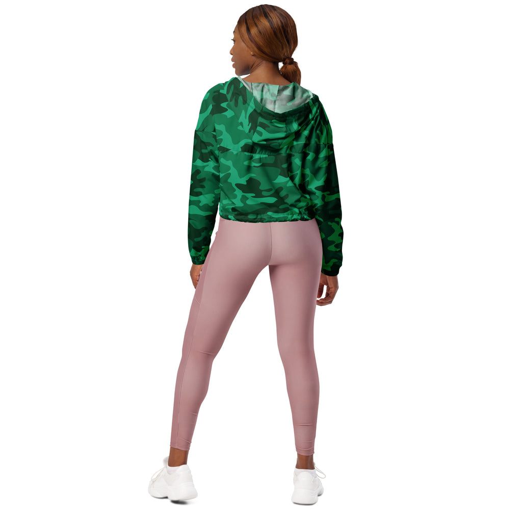 Women’s green camouflage cropped windbreaker with light gray interior lining lightweight and water resistant with hood