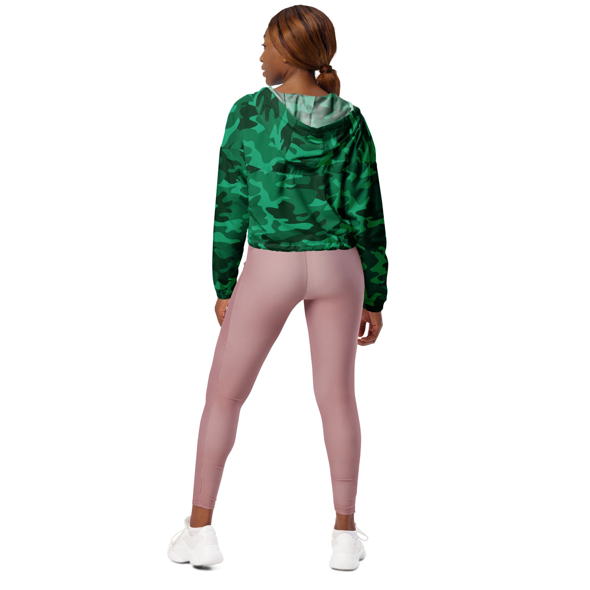 Women’s green camouflage cropped windbreaker with light gray interior lining lightweight and water resistant with hood