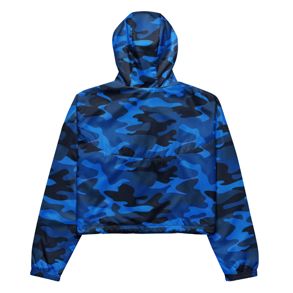 Women’s blue and black camouflage cropped windbreaker with adjustable hood and pockets shown from the back side
