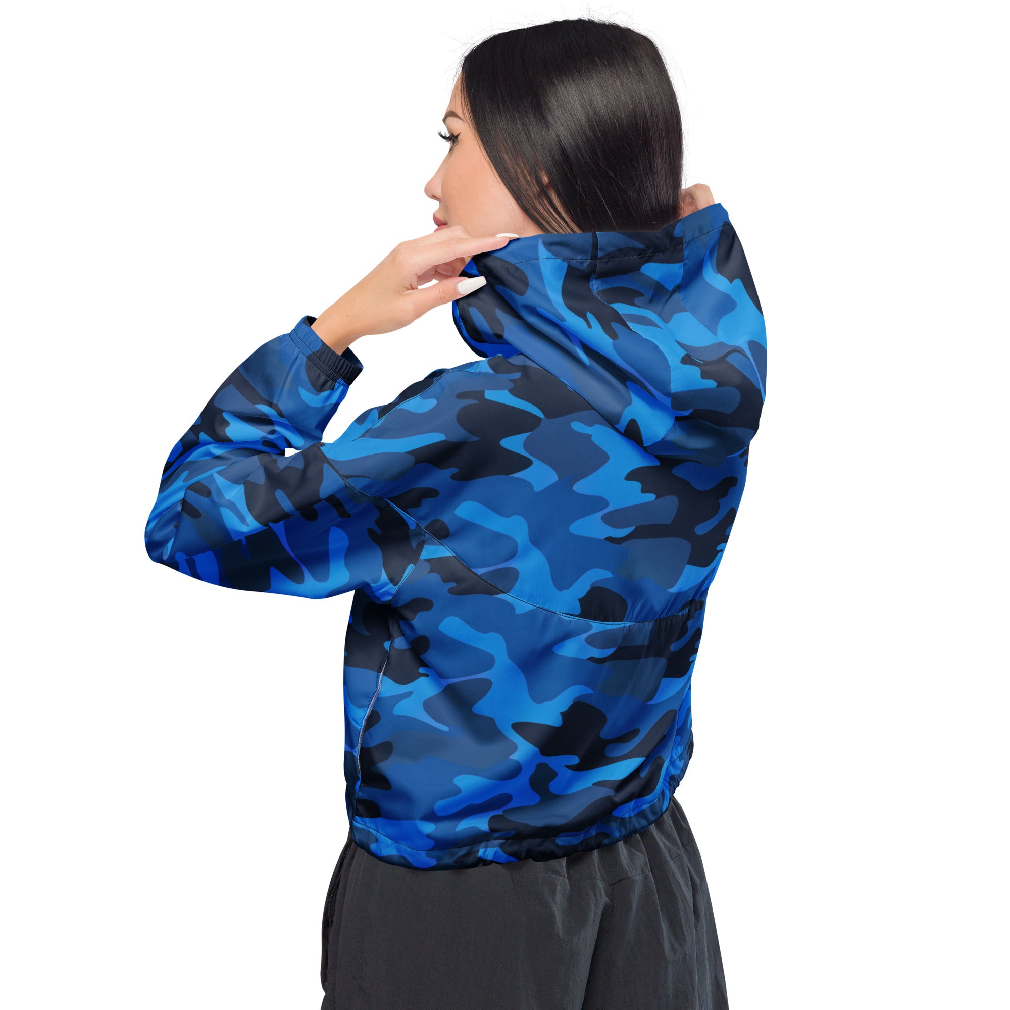 Women’s blue and black camouflage cropped windbreaker jacket with adjustable hood and pockets shown from back side