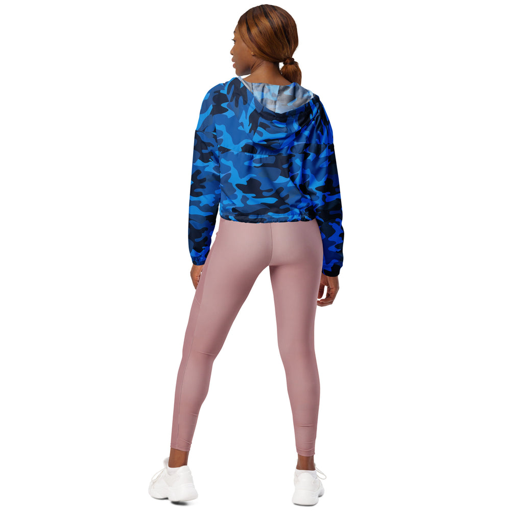 Women’s blue and black camouflage cropped windbreaker with light blue inner lining and adjustable hood and pockets