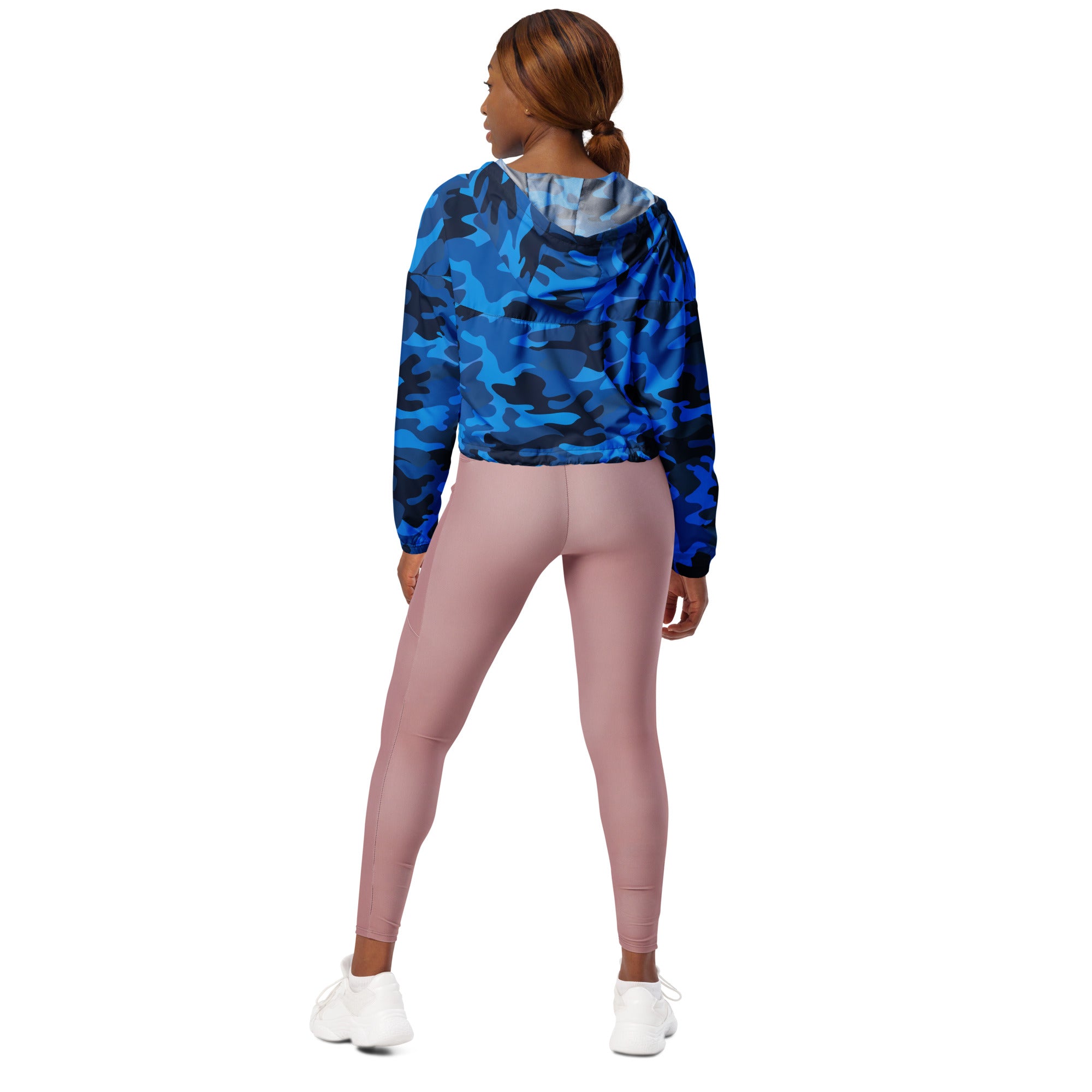 Women’s blue and black camouflage cropped windbreaker with light blue inner lining and adjustable hood and pockets
