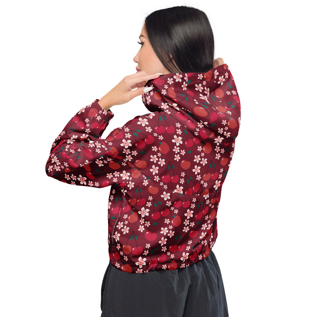 Women’s maroon hooded cropped windbreaker with red cherry and pink cherry blossom pattern lightweight and water resistant