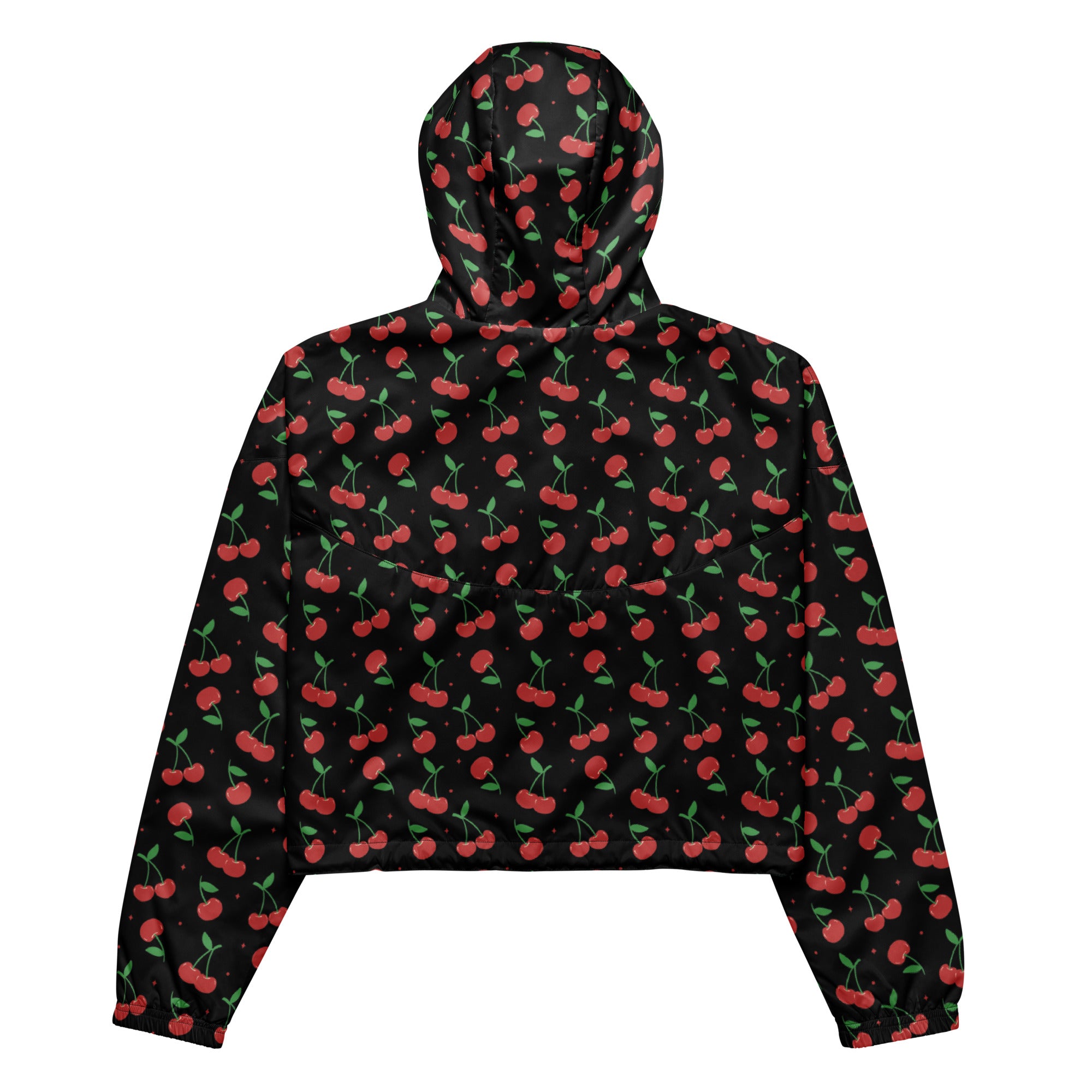 Women’s black cherry cropped windbreaker with vibrant red cherry pattern and adjustable hood shown from front