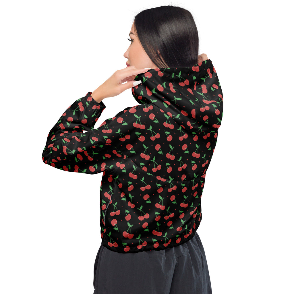 Women’s black cherry cropped windbreaker jacket with red cherries green stems lightweight water resistant with hood and pockets