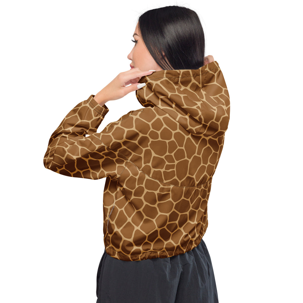 Women’s giraffe print cropped windbreaker in brown and tan with a lightweight hooded design and pockets