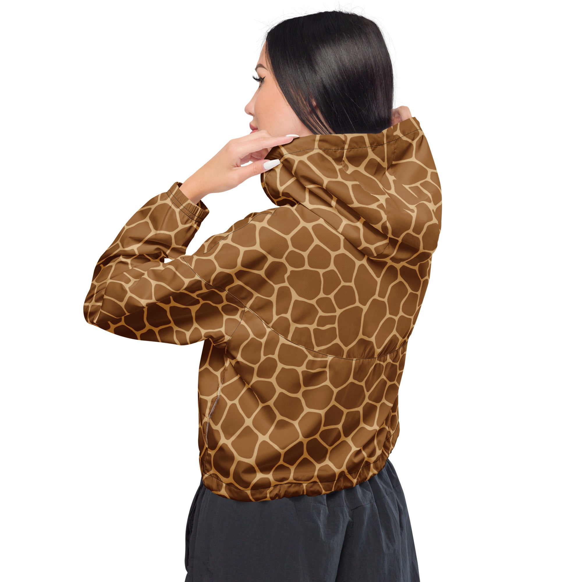 Women’s giraffe print cropped windbreaker in brown and tan with a lightweight hooded design and pockets