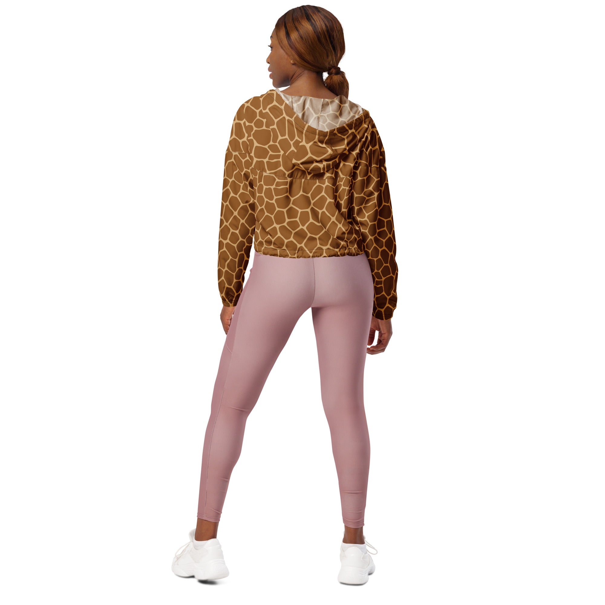 Women’s cropped giraffe print windbreaker hoodie in brown and beige with adjustable drawstring hood and pockets