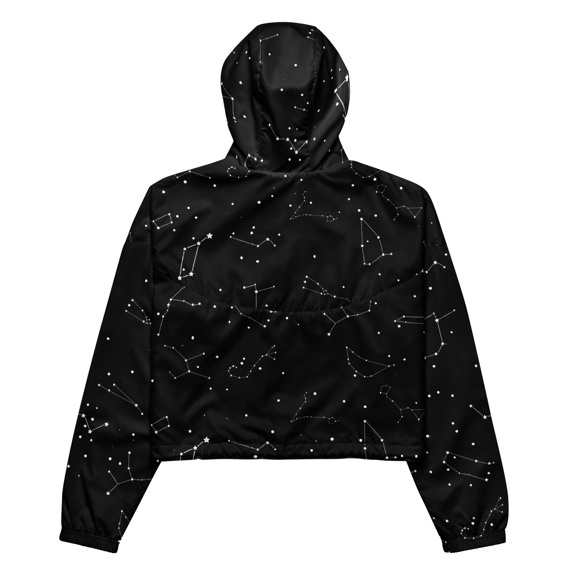 Black hooded lightweight windbreaker for women with white realistic constellation pattern and adjustable pockets