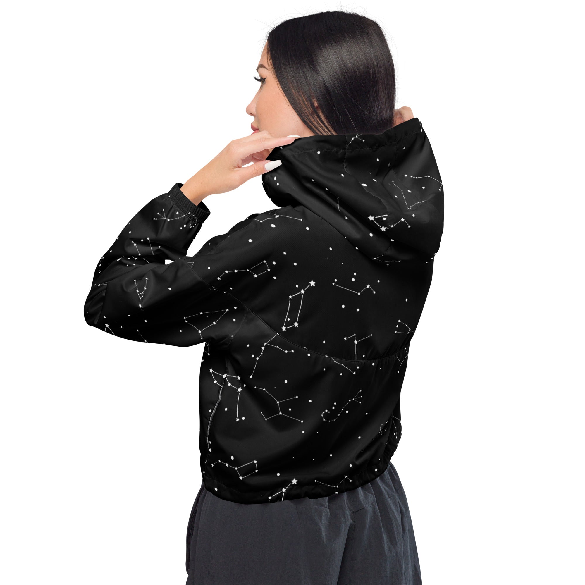Women’s black hooded cropped windbreaker with white celestial constellation print lightweight and water resistant