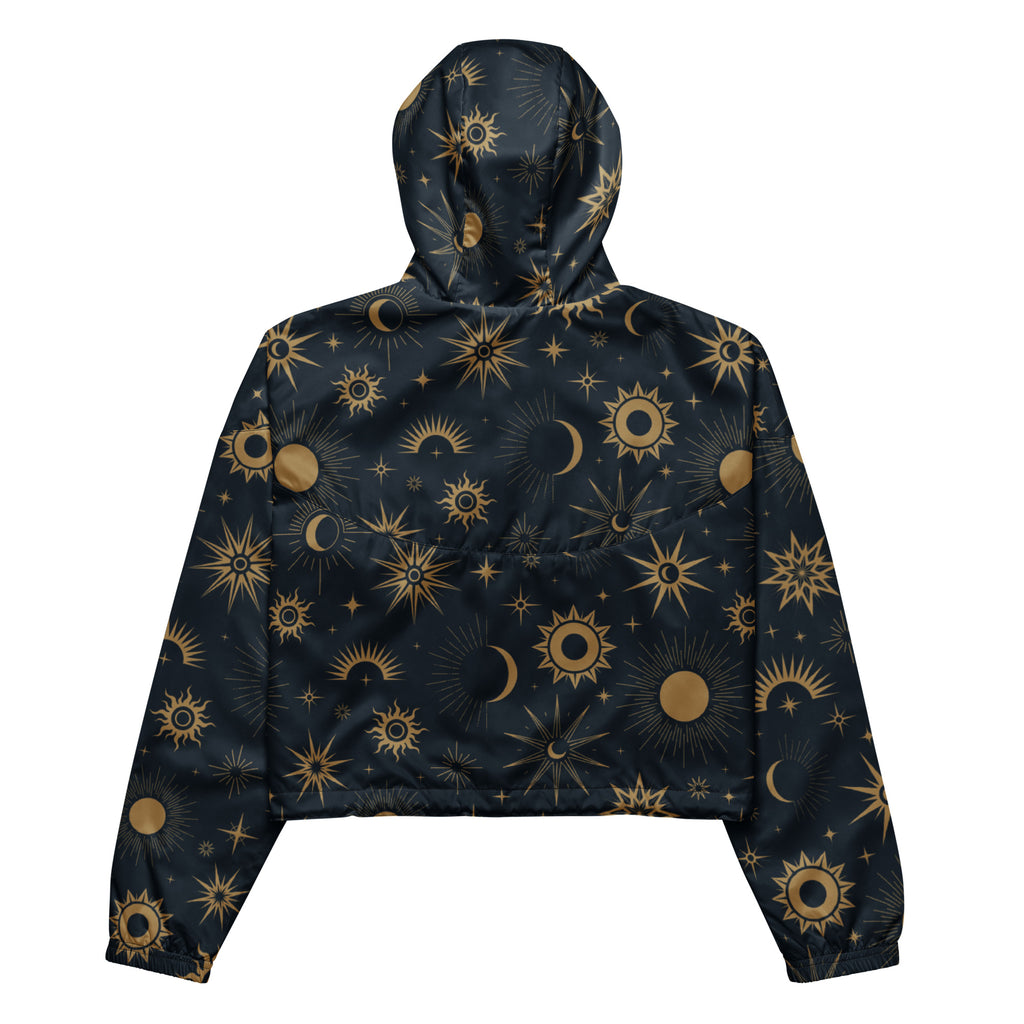 Dark blue women’s celestial sun and moon cropped windbreaker with gold celestial pattern lightweight water resistant jacket