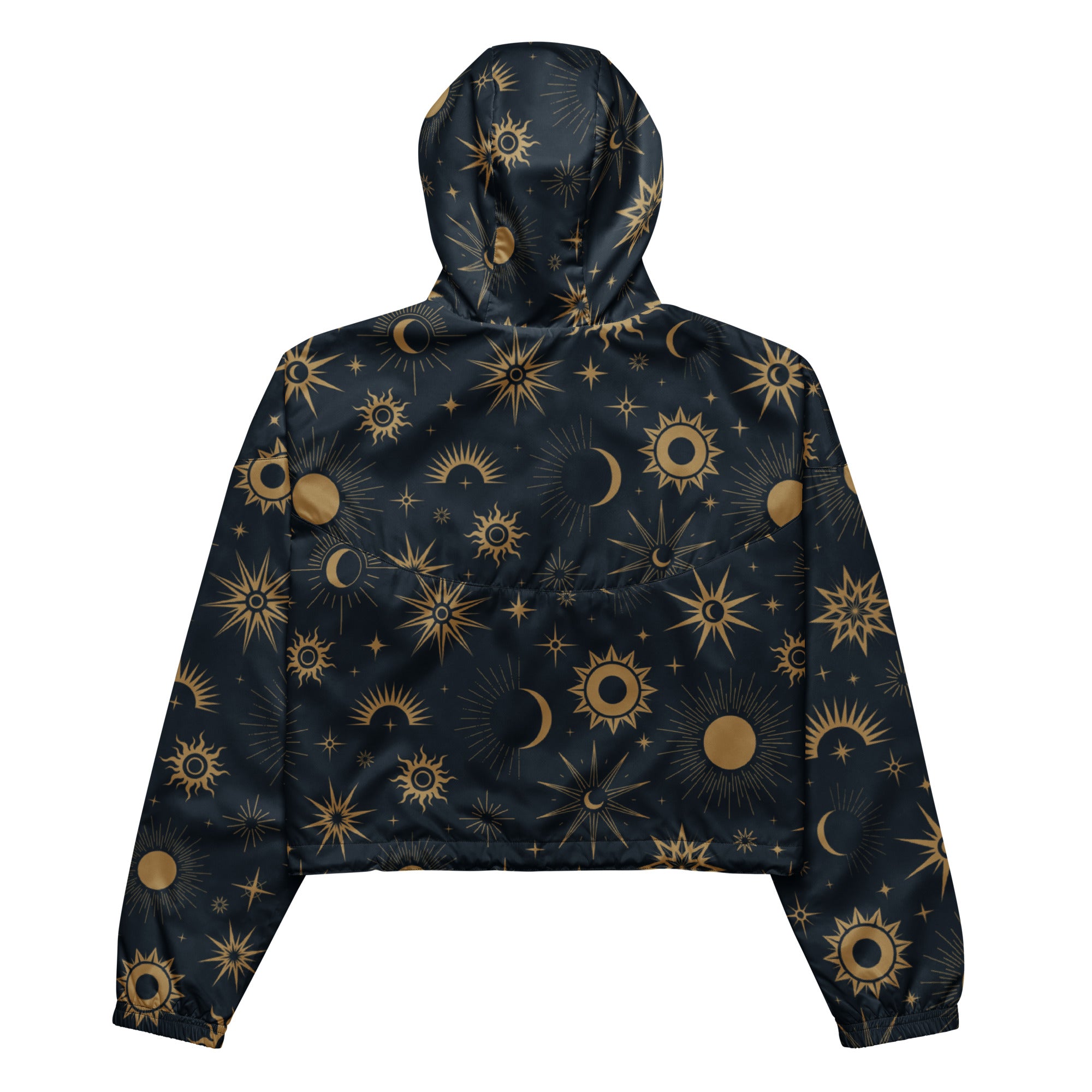 Dark blue women’s celestial sun and moon cropped windbreaker with gold celestial pattern lightweight water resistant jacket
