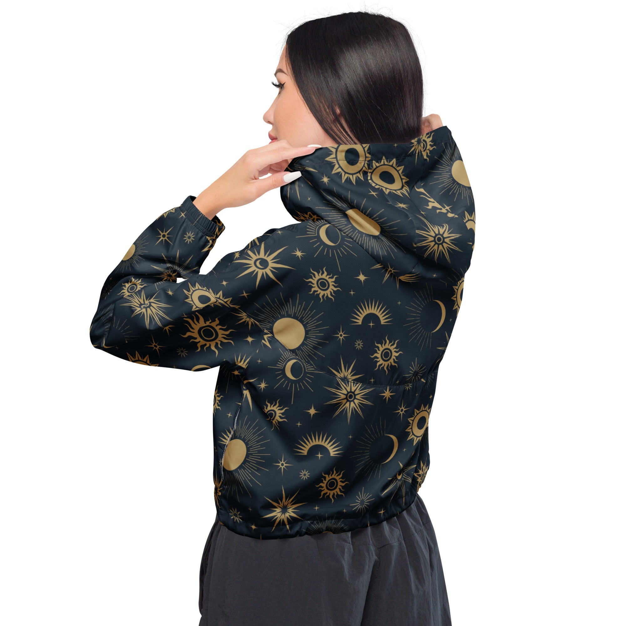Black hooded cropped windbreaker with gold celestial sun moon star pattern lightweight and water resistant with pockets