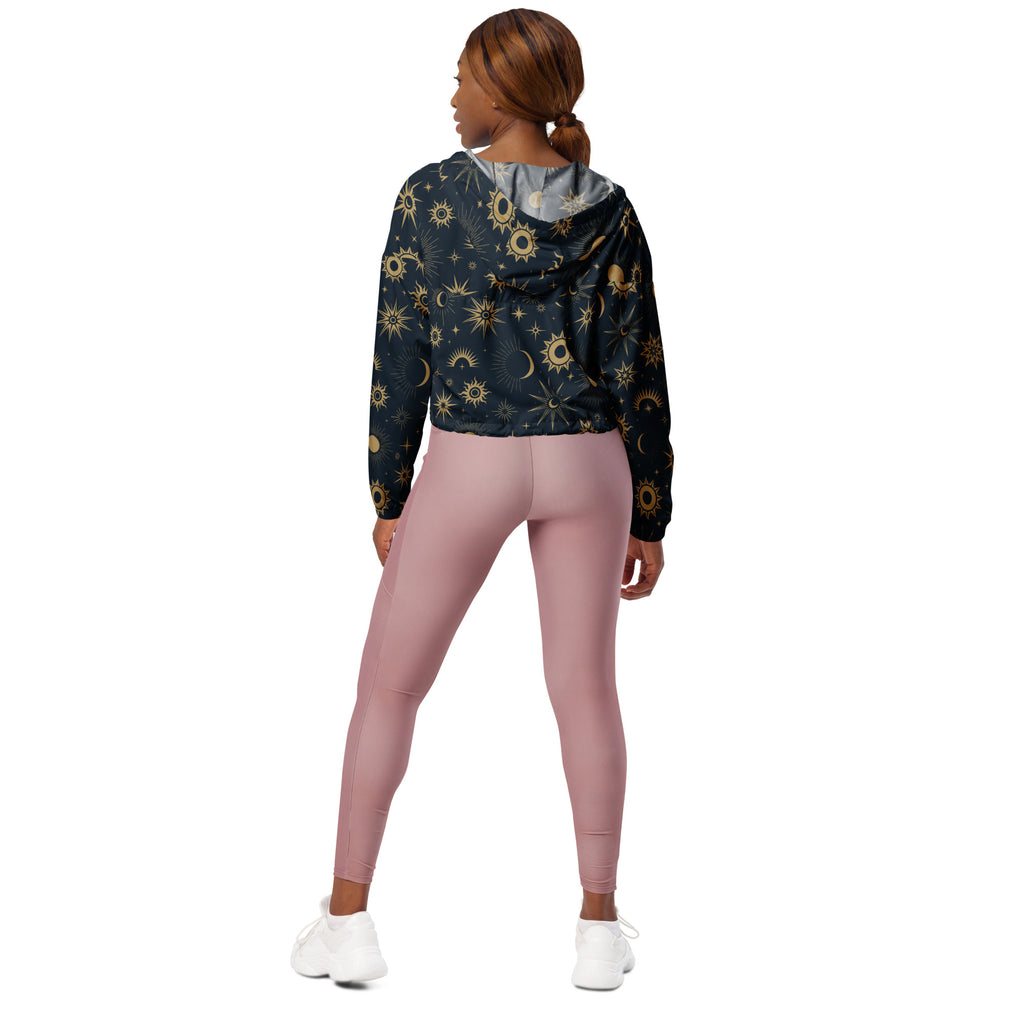 Women’s dark navy cropped windbreaker hoodie with gold celestial sun moon star pattern lightweight water resistant with hood and pockets