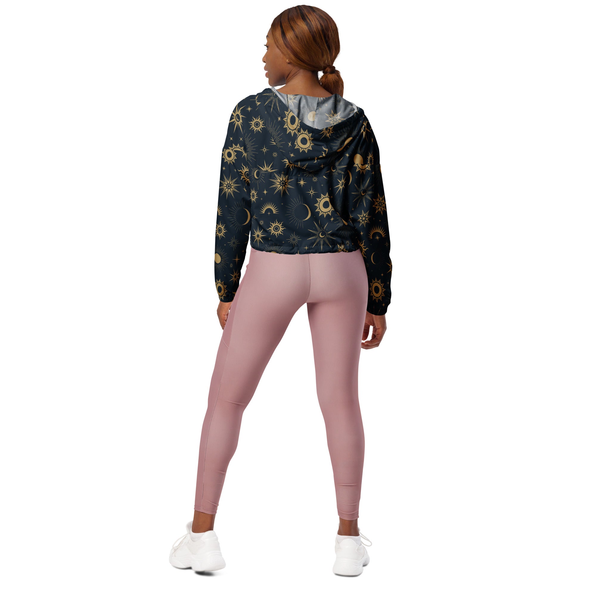Women’s dark navy cropped windbreaker hoodie with gold celestial sun moon star pattern lightweight water resistant with hood and pockets