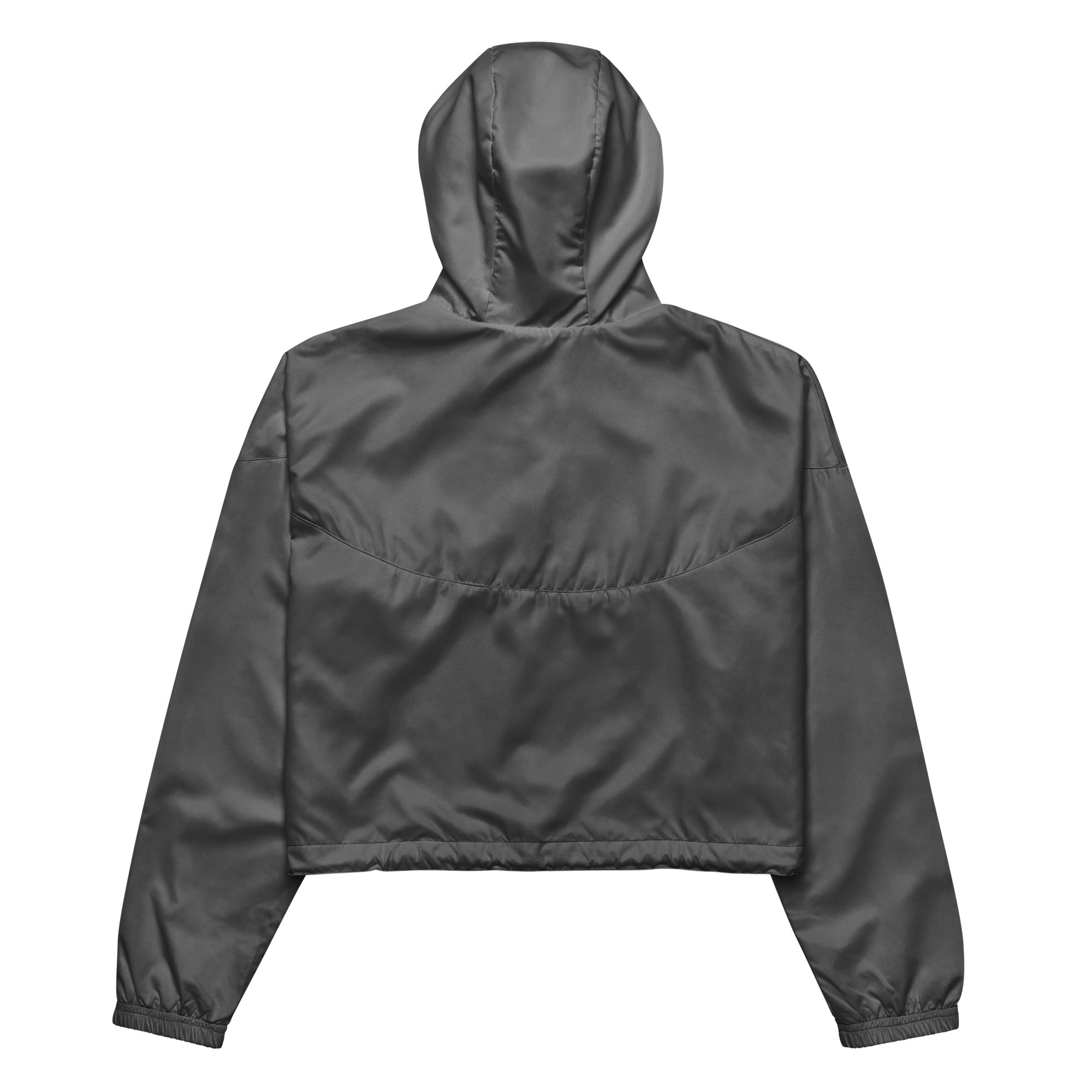 Women’s gray cropped windbreaker with dark gray satin-like fabric hood elastic cuffs lightweight design