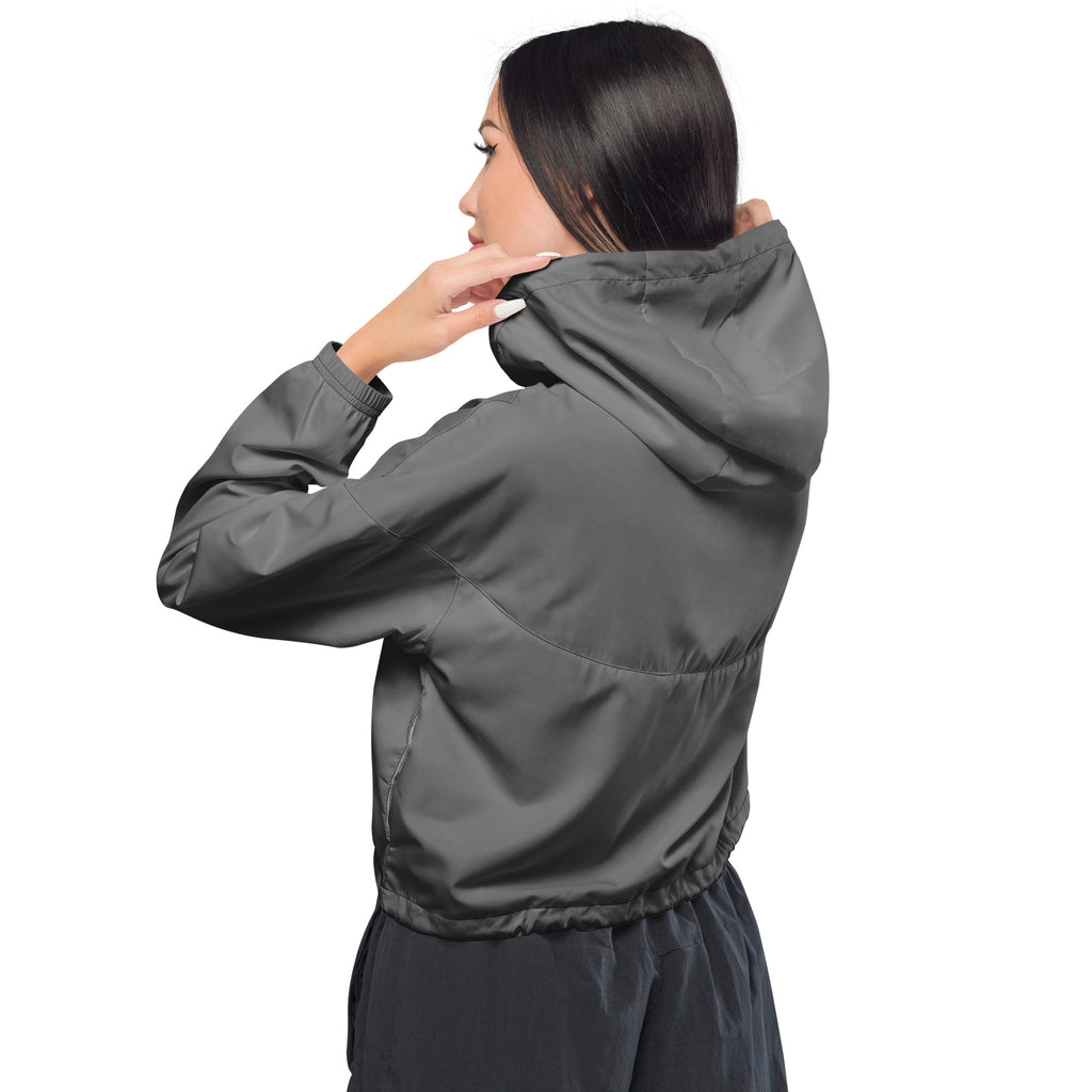 Women’s gray cropped windbreaker with smooth water-resistant fabric elasticated cuffs and adjustable hood