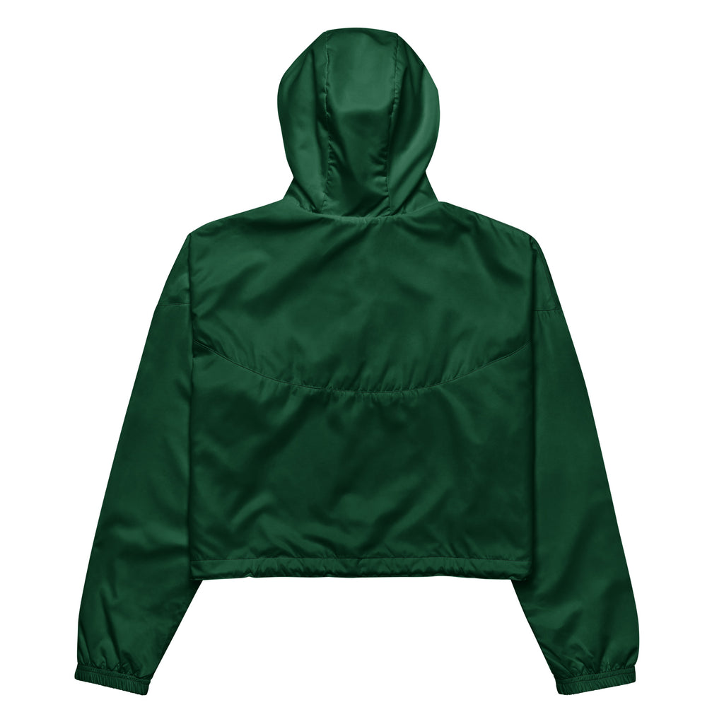 Women’s dark green cropped windbreaker with shiny lightweight fabric, elastic cuffs, and adjustable hood with pockets