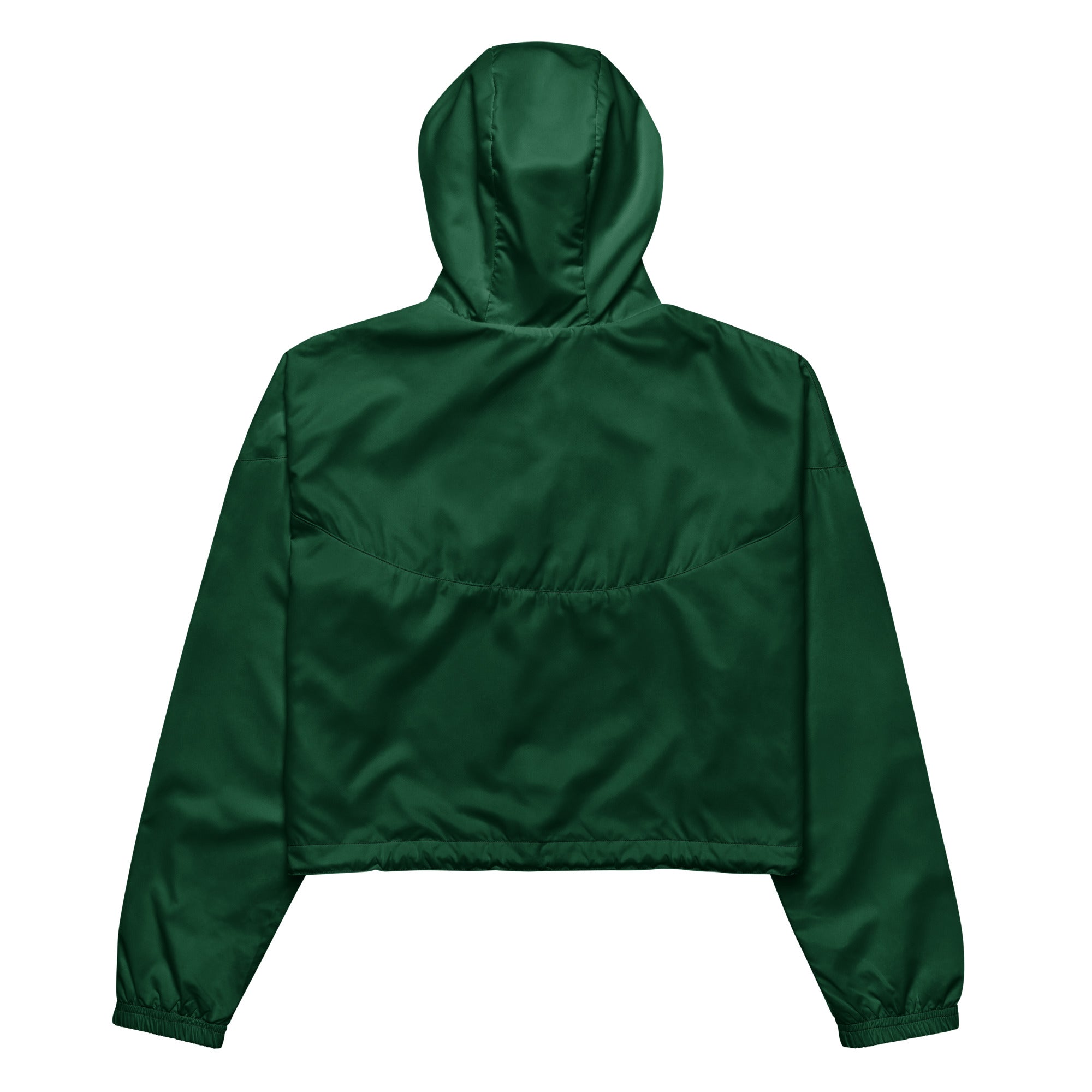 Women’s dark green cropped windbreaker with shiny lightweight fabric, elastic cuffs, and adjustable hood with pockets