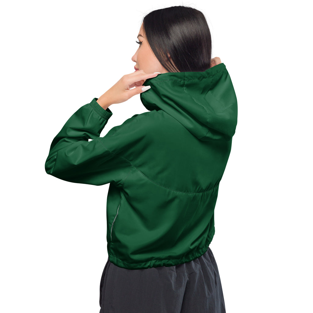 Women’s dark green cropped windbreaker with smooth water-resistant fabric, elastic cuffs, adjustable hood, and pockets