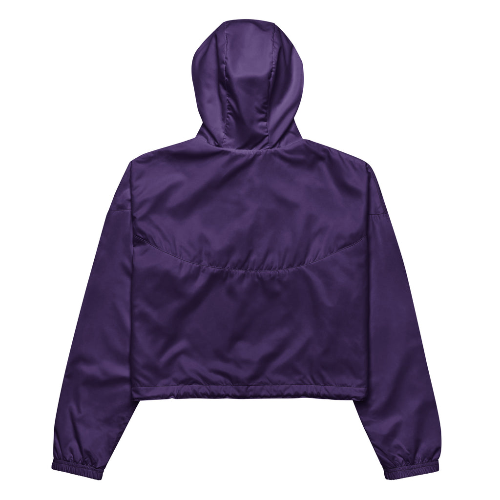 Women’s dark purple cropped windbreaker jacket with satin-like hood lightweight and water resistant design