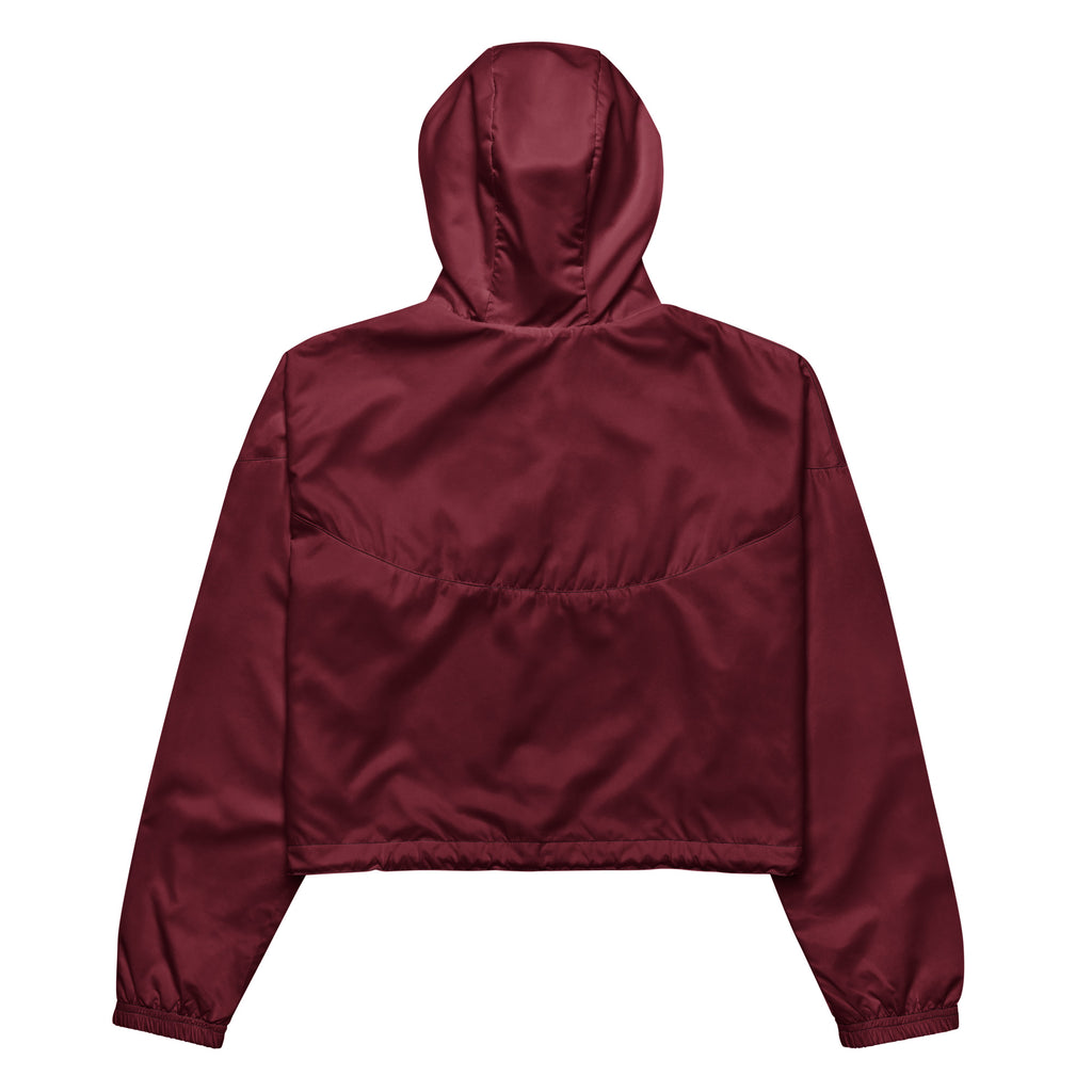 Women’s burgundy cropped lightweight satin hooded jacket with elastic cuffs and adjustable hood for wind resistance