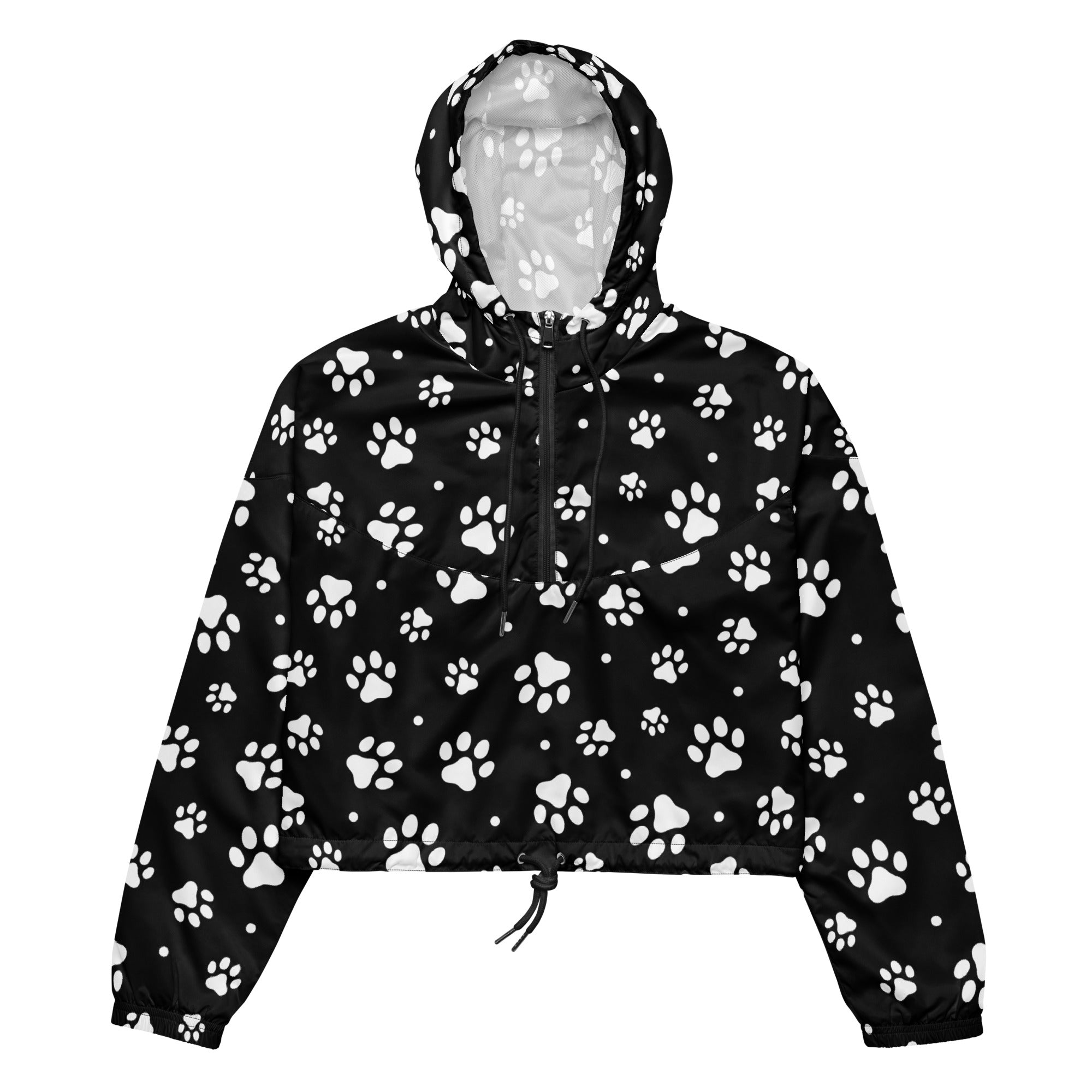Women’s black and white paw print cropped windbreaker with hood and pockets made of lightweight water resistant fabric