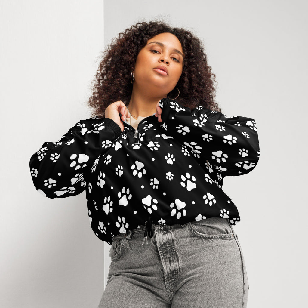 Women’s black bomber jacket with white paw print pattern lightweight water resistant with adjustable hood and pockets