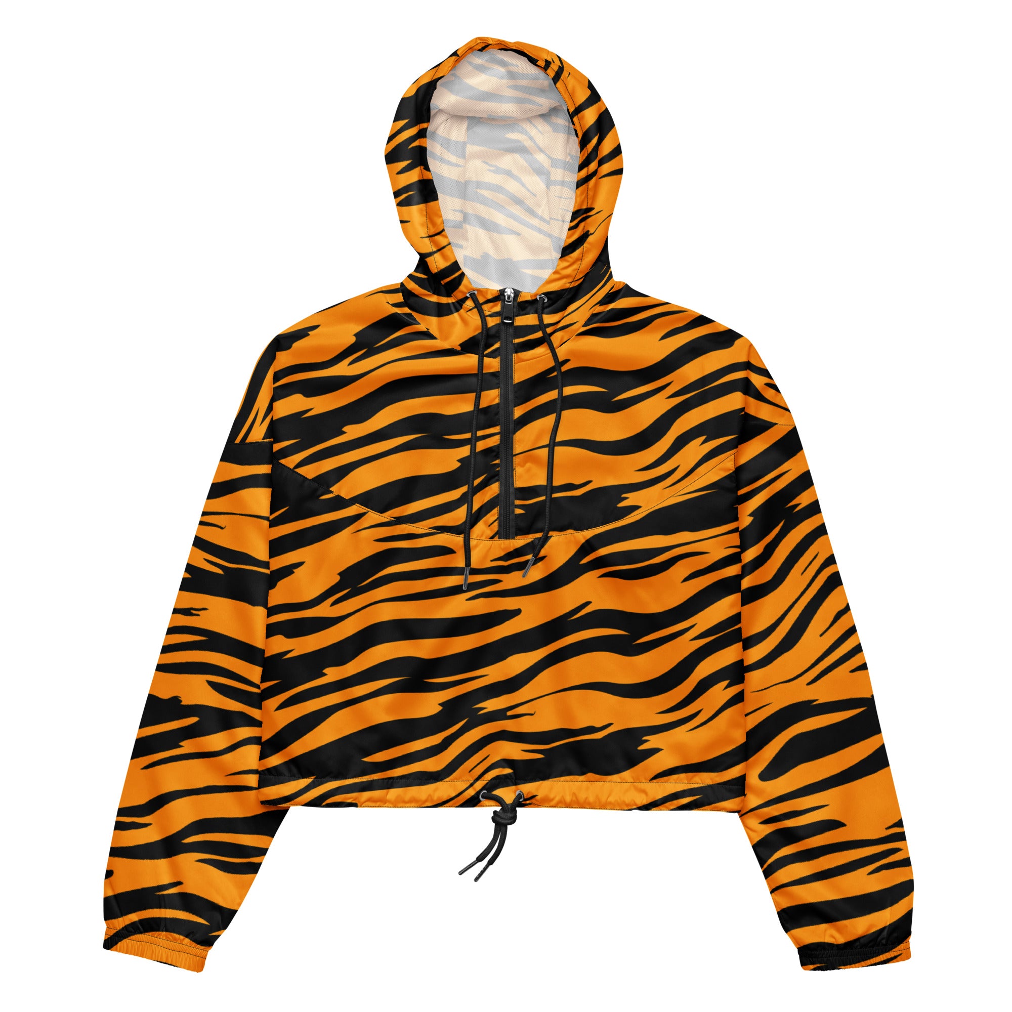 Women’s orange and black tiger stripe cropped windbreaker with half-zip front adjustable hood and pockets