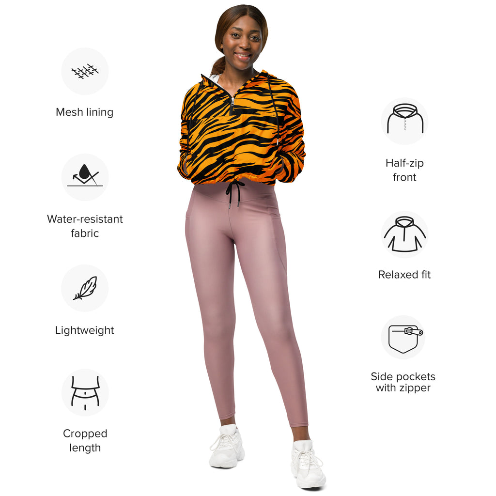 Women’s orange and black tiger stripe cropped windbreaker with mesh lining water resistant fabric and side pockets