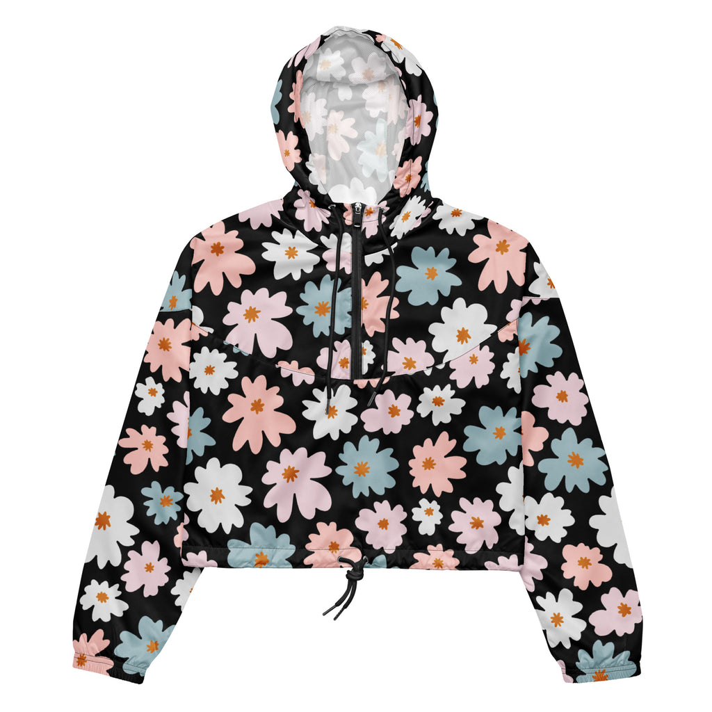 Women’s retro floral cropped black hoodie jacket with vibrant pink white and light blue daisies and adjustable hood