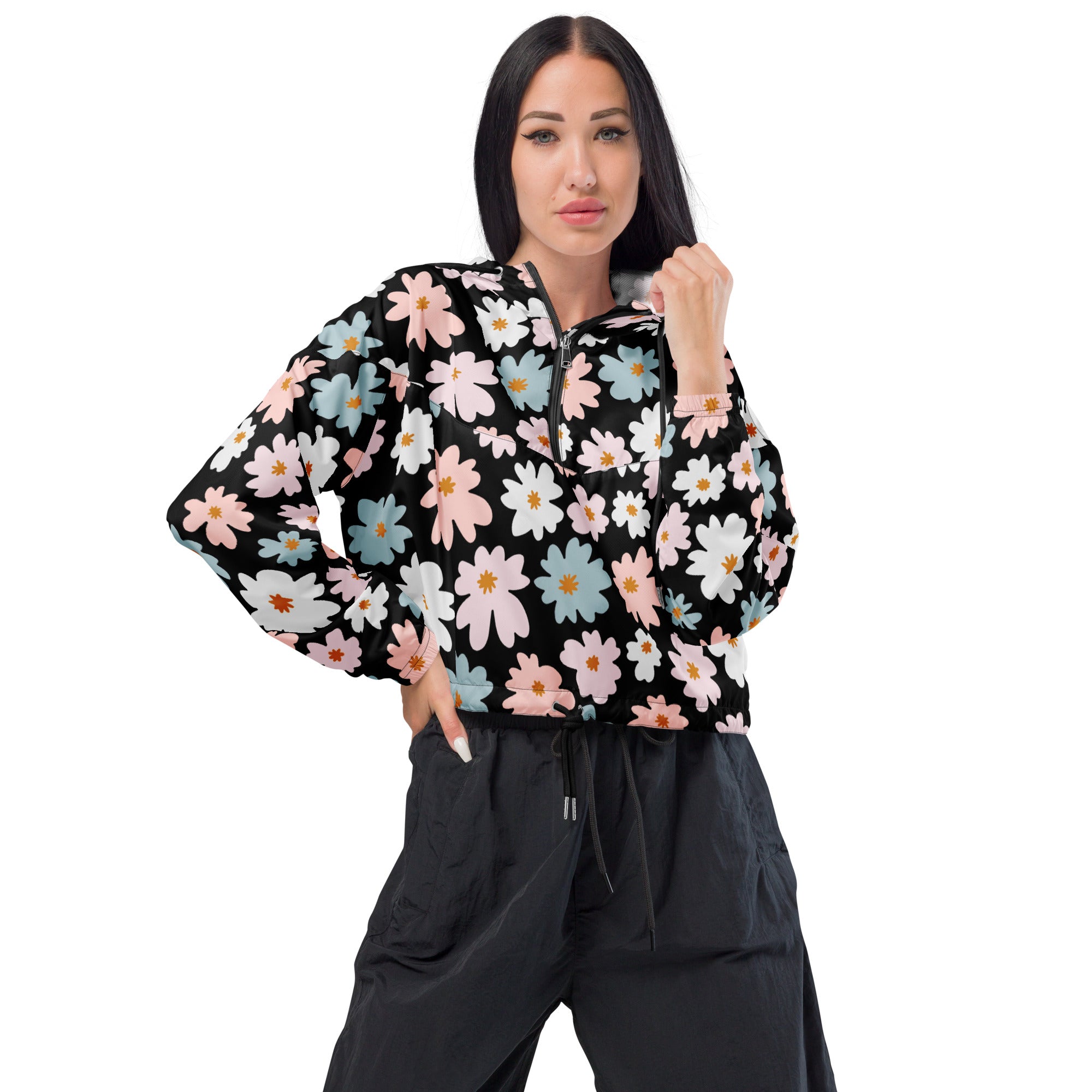 Black long-sleeved zip-up women’s retro floral cropped windbreaker with pink white and blue daisy pattern and adjustable hood