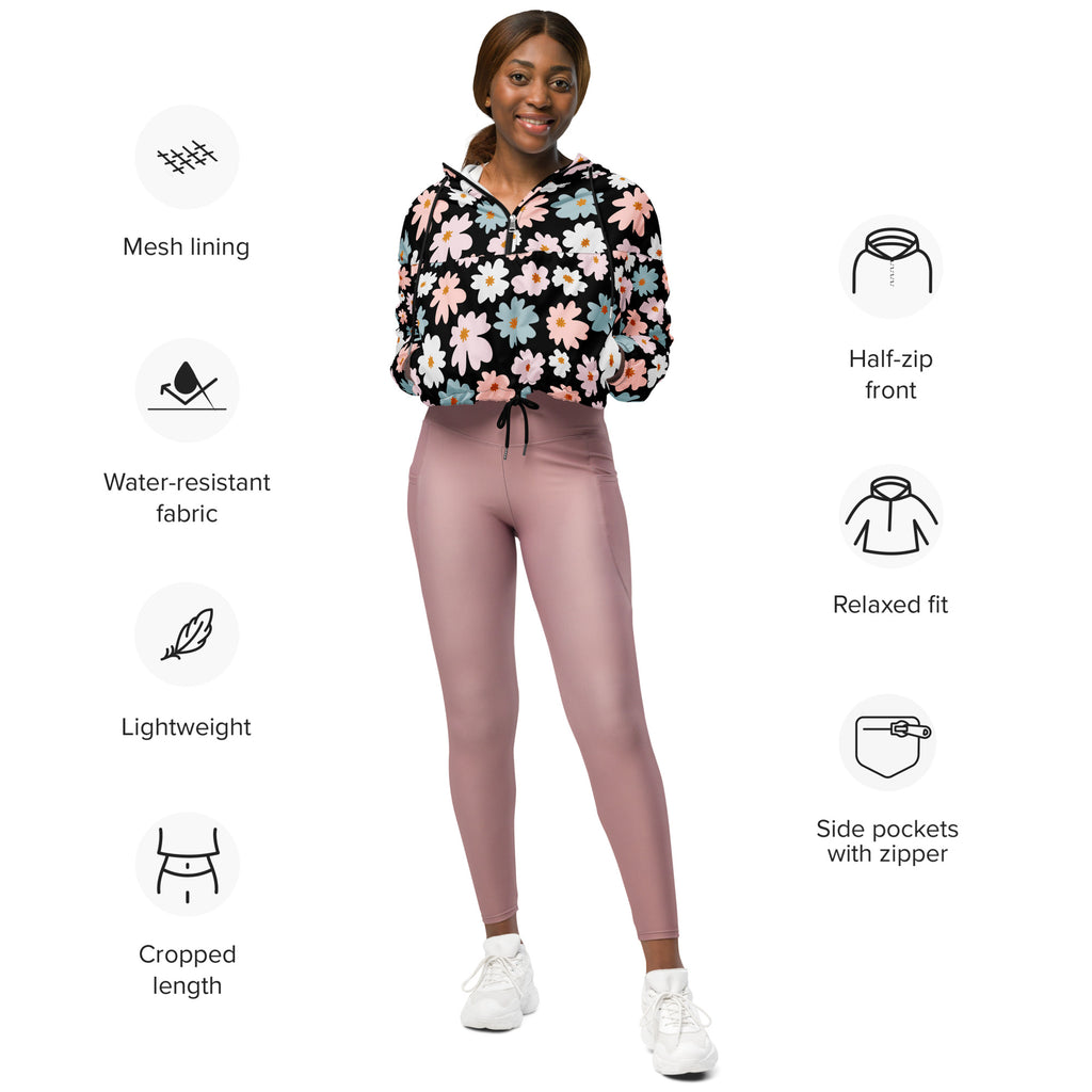 Women’s retro floral cropped windbreaker in black with pink blossoms mesh lining and zippered pockets