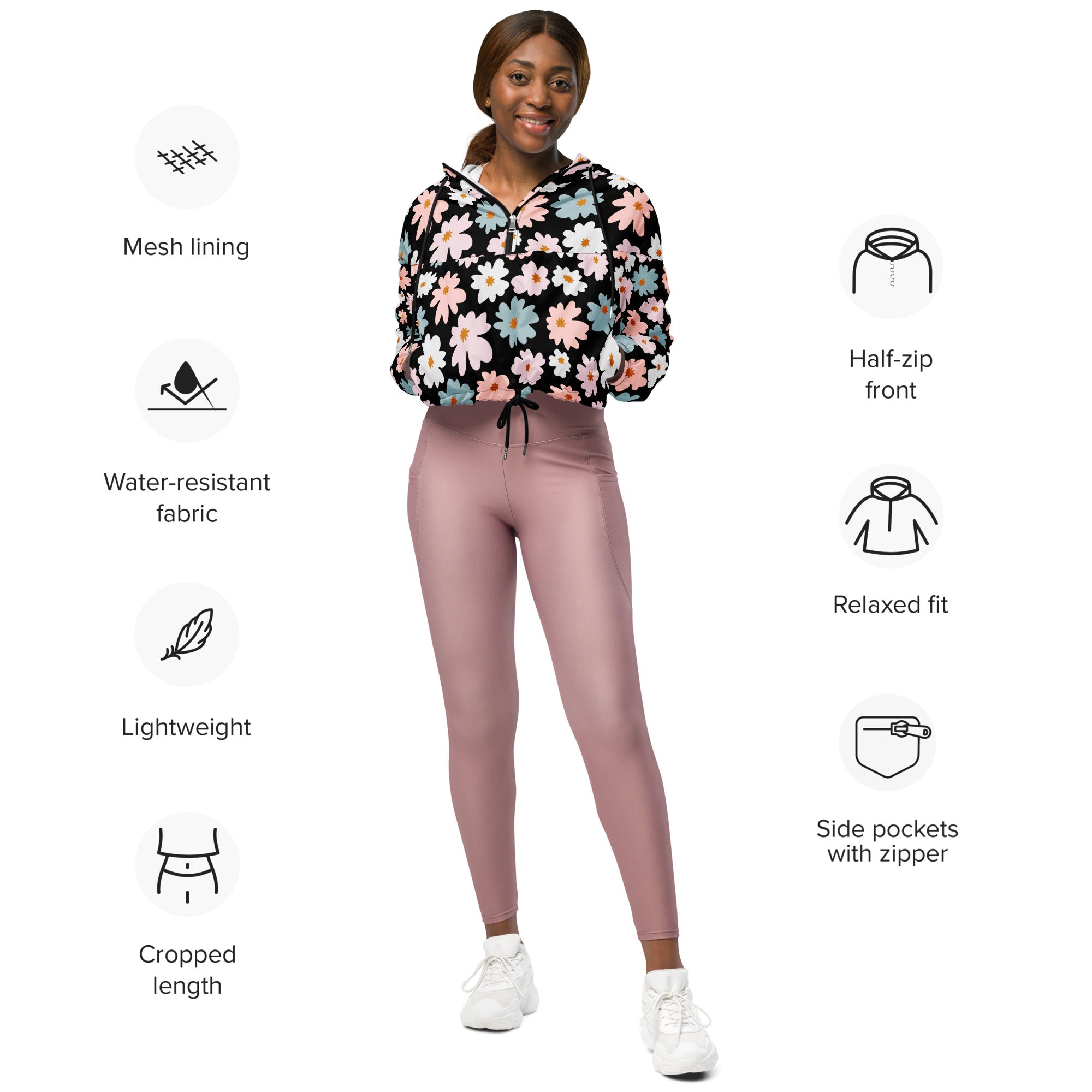 Women’s retro floral cropped windbreaker in black with pink blossoms mesh lining and zippered pockets
