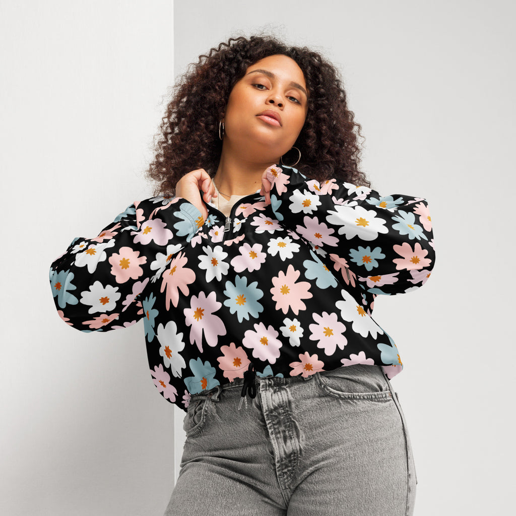 Women’s retro floral cropped windbreaker in black with pink white and blue daisy patterns lightweight and water resistant