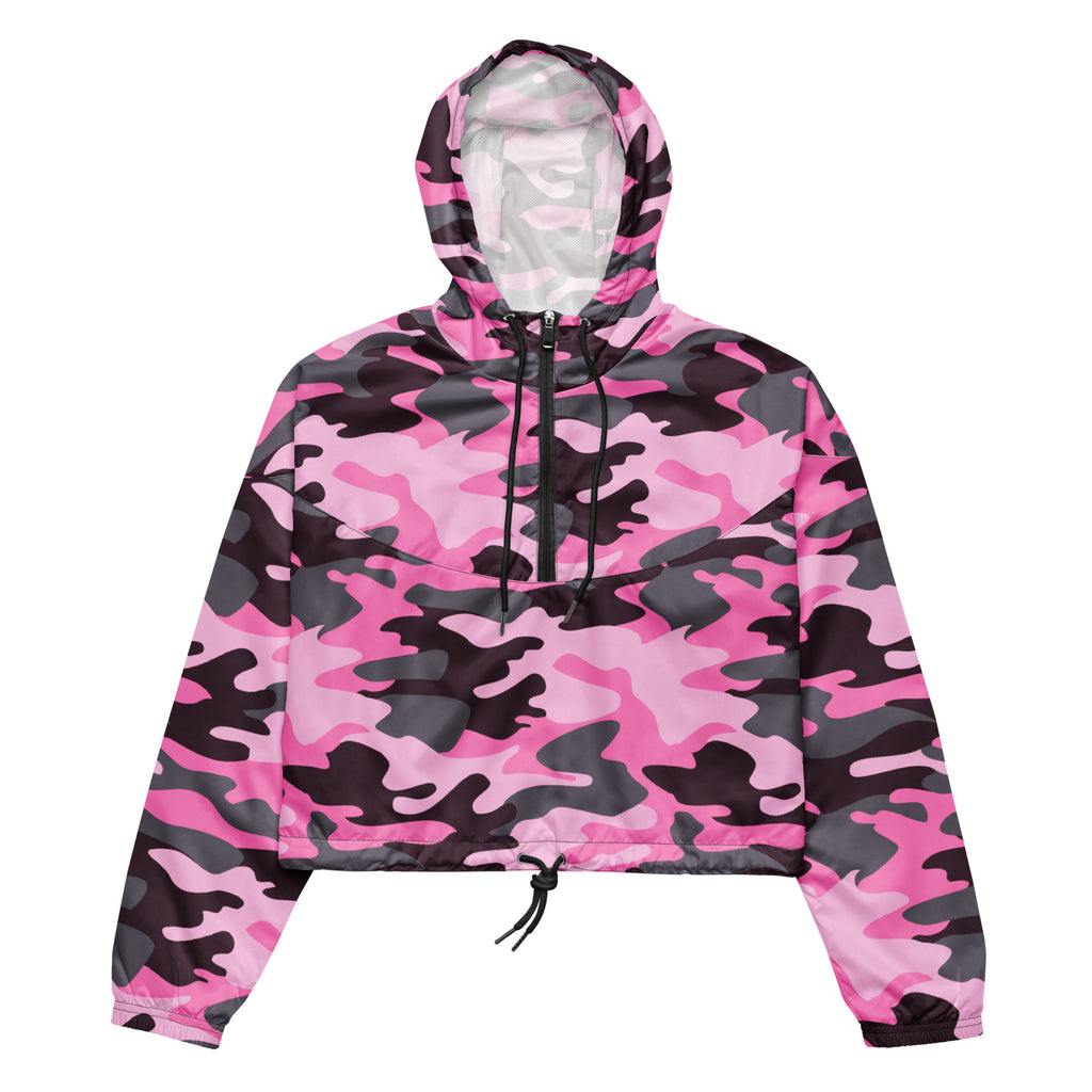 Women’s pink and black camouflage hooded windbreaker with drawstring waist lightweight water resistant jacket