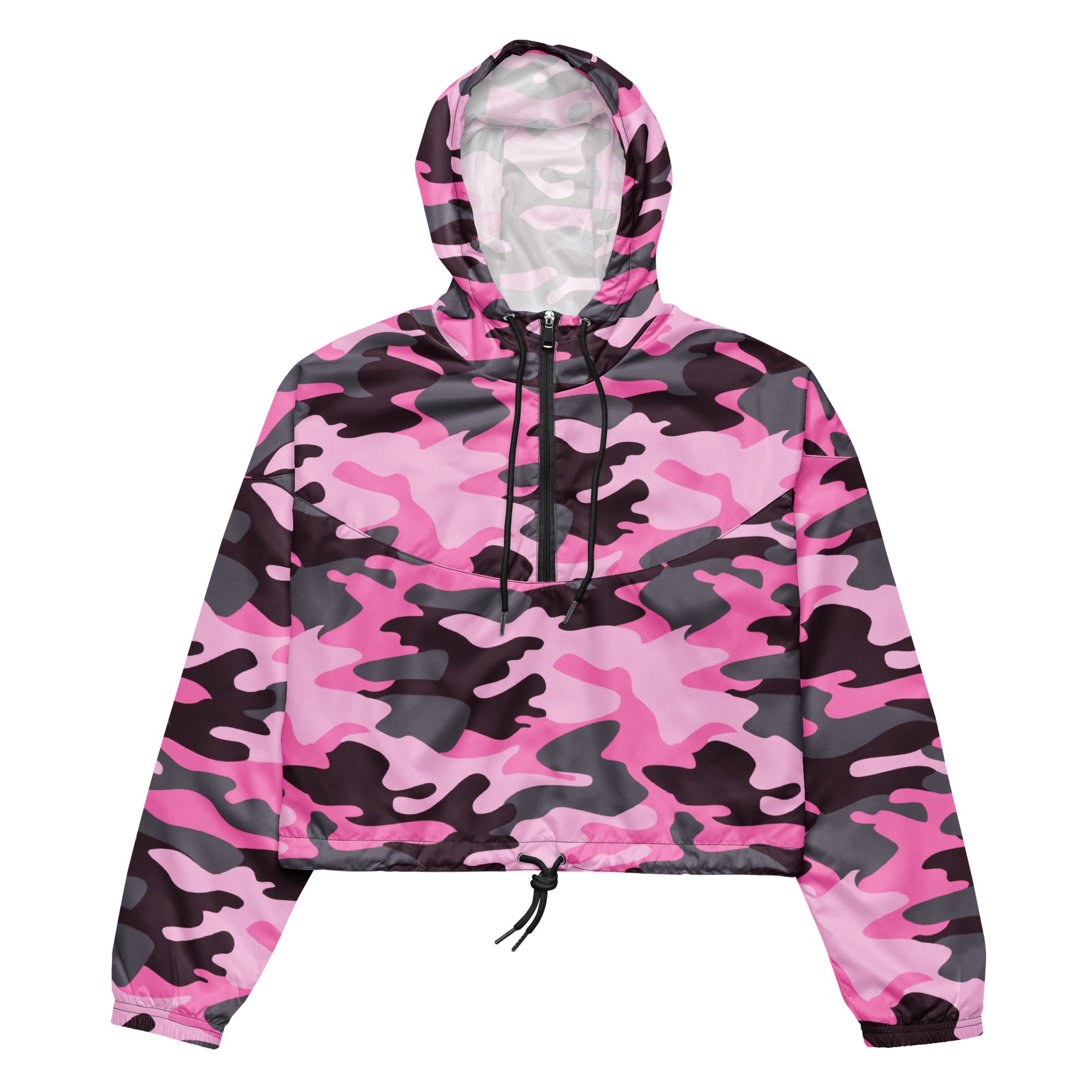 Women’s pink and black camouflage hooded windbreaker with drawstring waist lightweight water resistant jacket