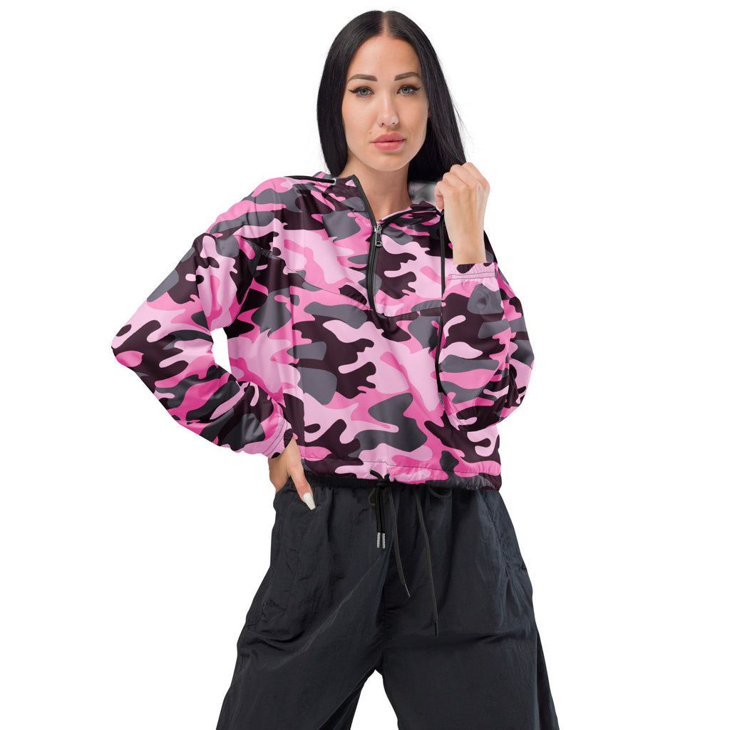 Women’s pink and black camouflage cropped windbreaker jacket with adjustable hood and pockets front view