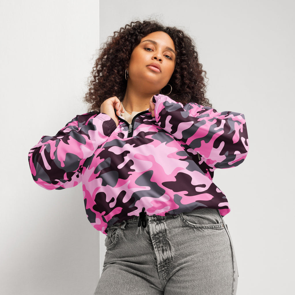 Women’s pink and black camouflage cropped bomber jacket with lightweight water resistant fabric and adjustable hood