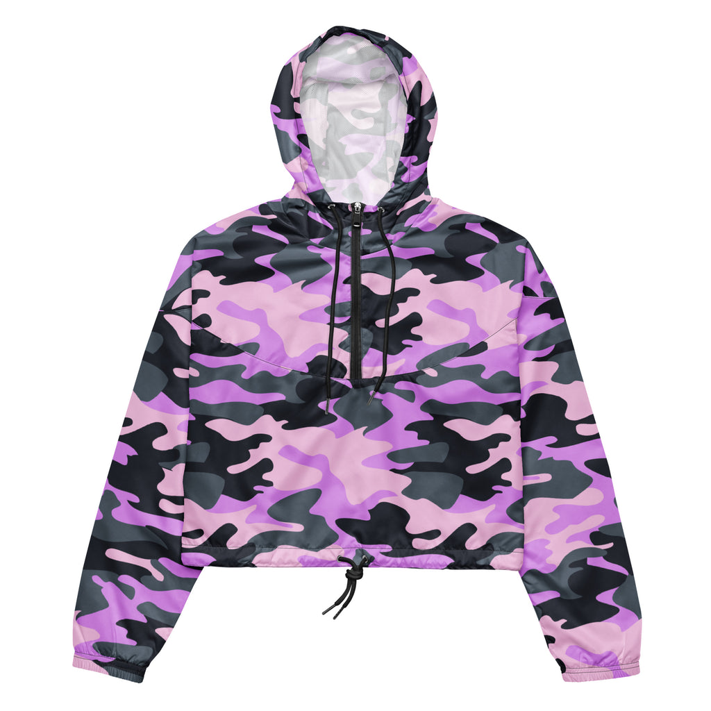 Women’s purple camouflage cropped windbreaker lightweight water resistant hoodie jacket with adjustable hood and pockets