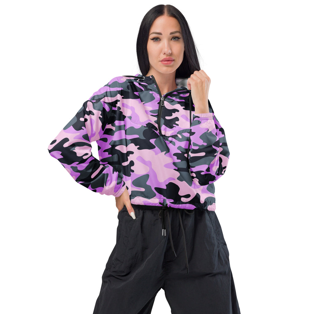 Women’s purple and black camouflage lightweight cropped windbreaker jacket with half-zip front and adjustable hood
