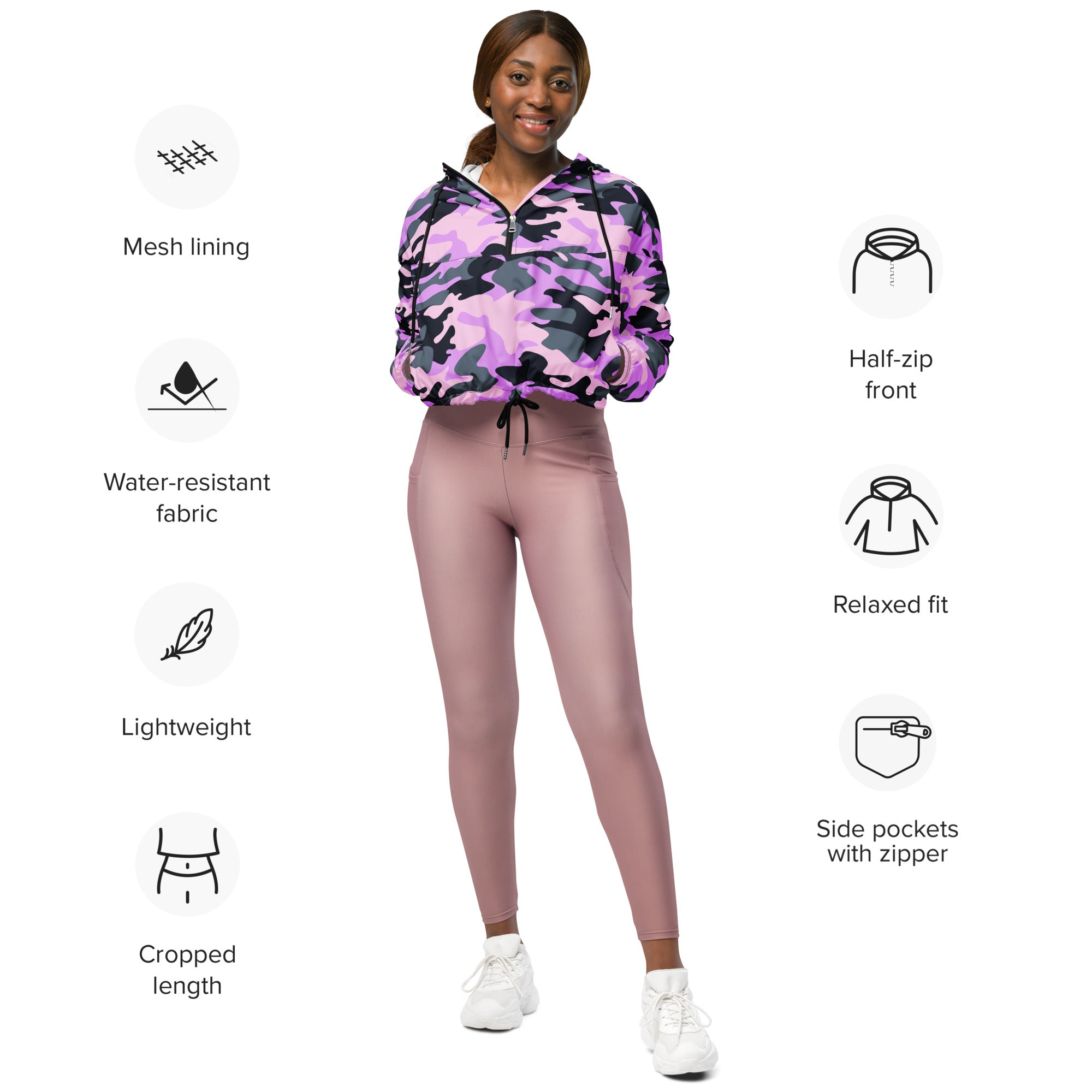 Women’s purple camouflage cropped windbreaker with water-resistant fabric mesh lining half-zip and zippered pockets