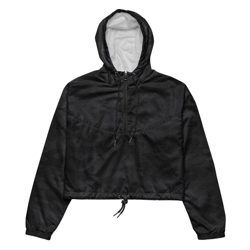 Women’s black camouflage cropped windbreaker with subtle sheen white-lined interior and adjustable hood and pockets