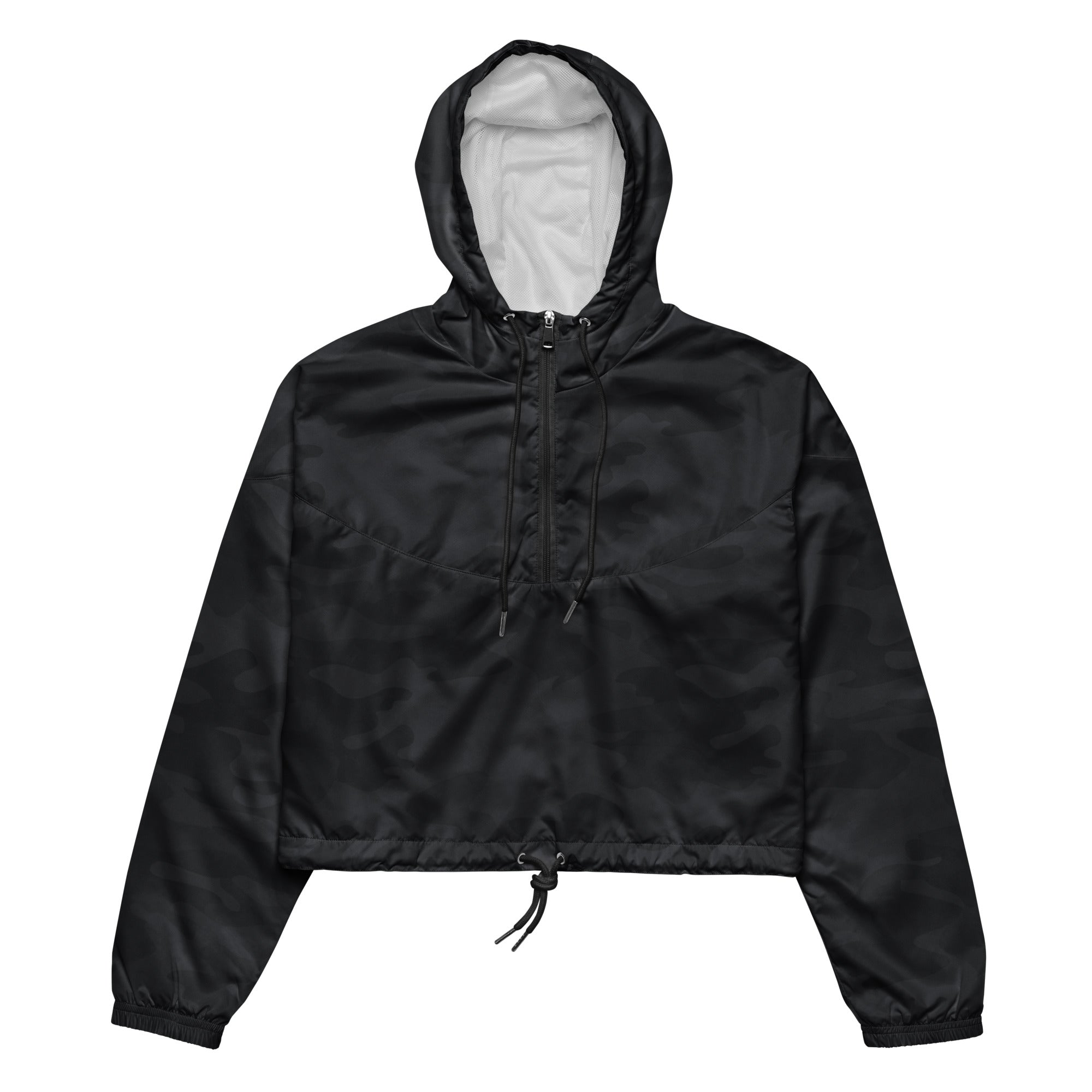 Women’s black camouflage cropped windbreaker with subtle sheen white-lined interior and adjustable hood and pockets