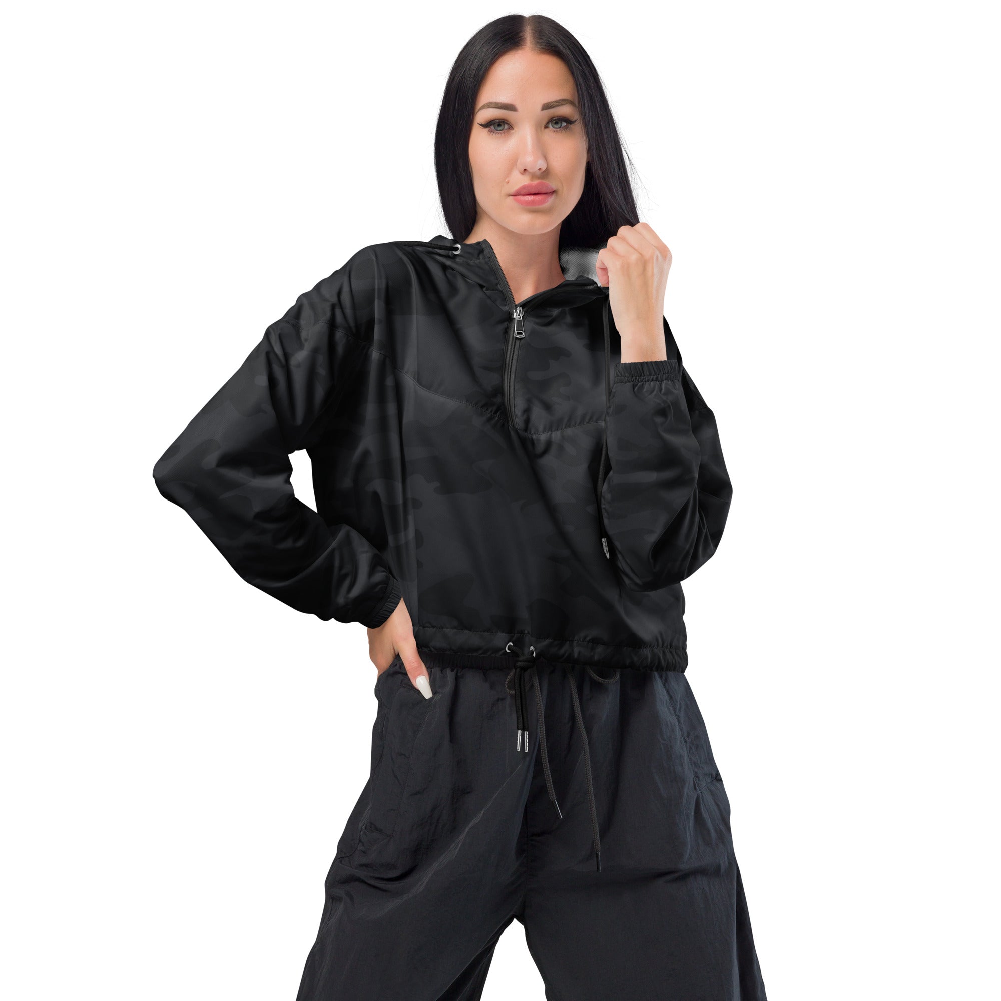 Women’s black satin-like hooded jacket with half-zip front and drawstring waistband lightweight and water resistant
