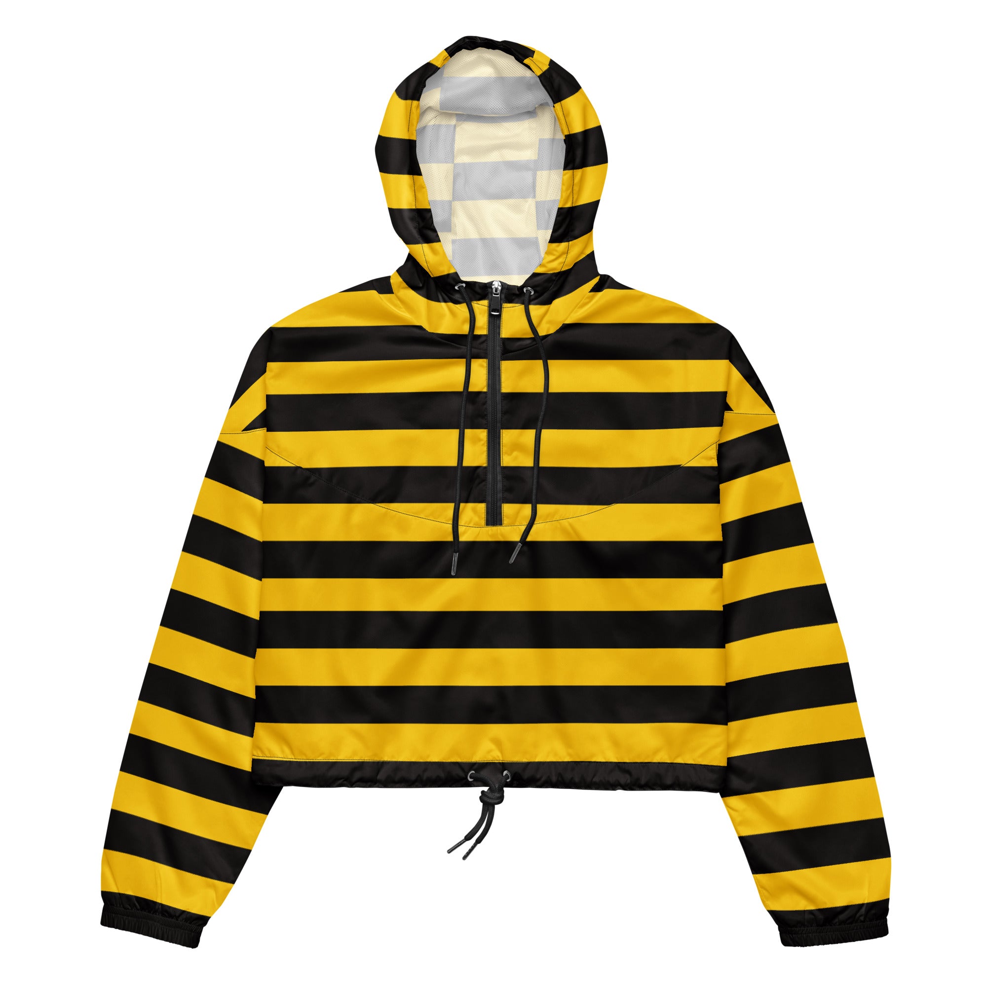 Women’s bumblebee stripe cropped hooded windbreaker with black and yellow stripes half-zip front and pockets