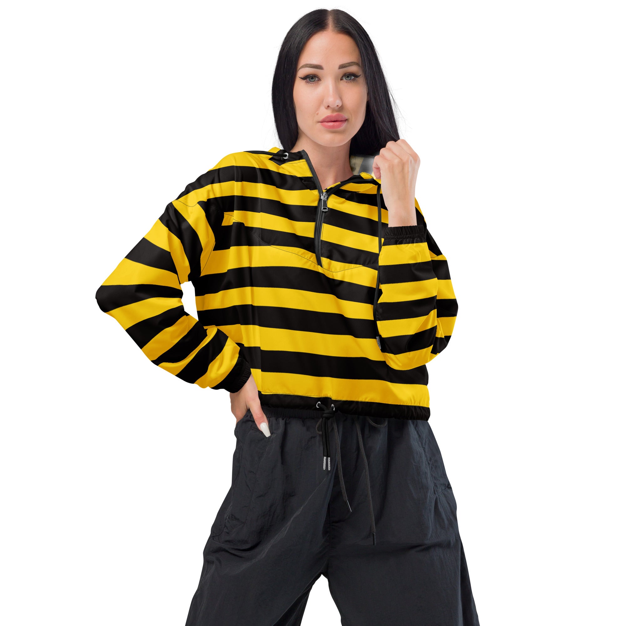 Women’s yellow and black striped long-sleeved cropped windbreaker with half-zip front and adjustable hood
