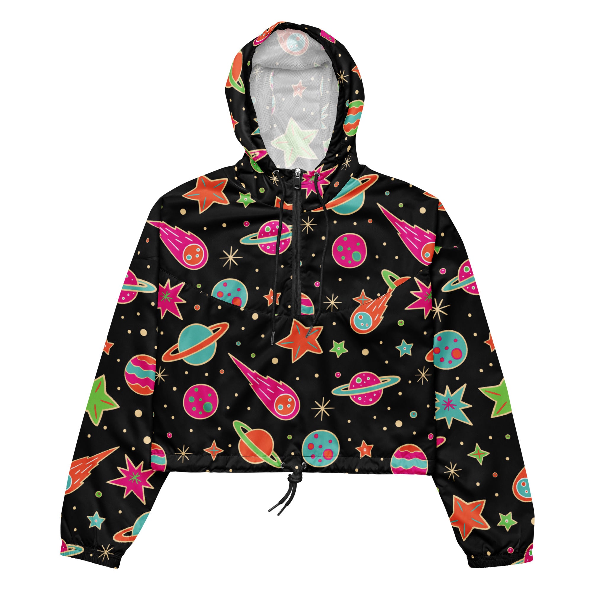 Women’s retro space cropped windbreaker in black glossy fabric with vibrant neon planets stars and comets design