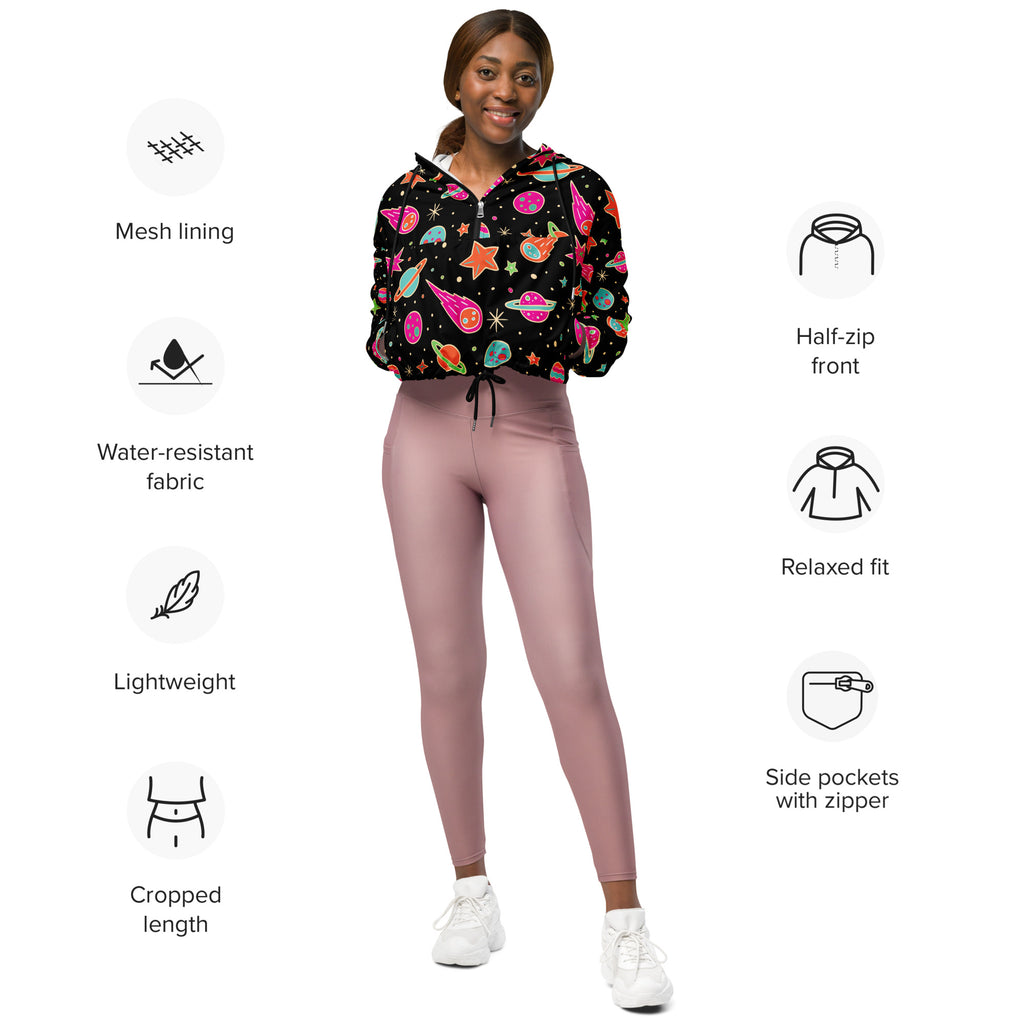 Women’s black cropped windbreaker with vibrant neon space print planets stars and rockets lightweight water resistant jacket