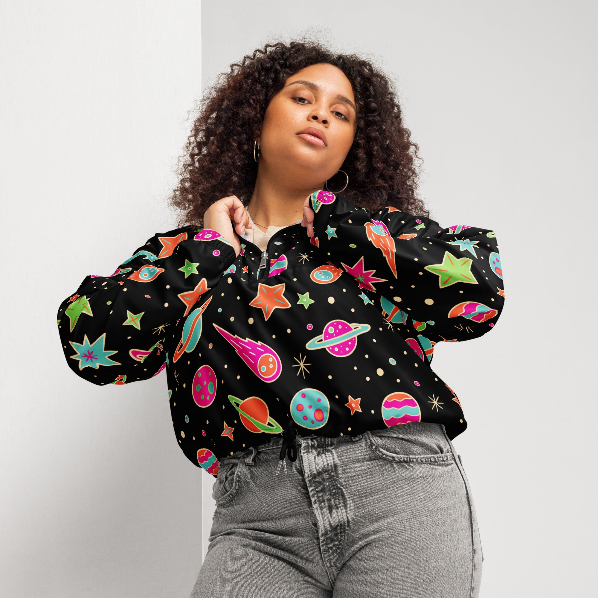 Women’s retro space cropped black bomber jacket with vibrant colorful stars planets and rockets print